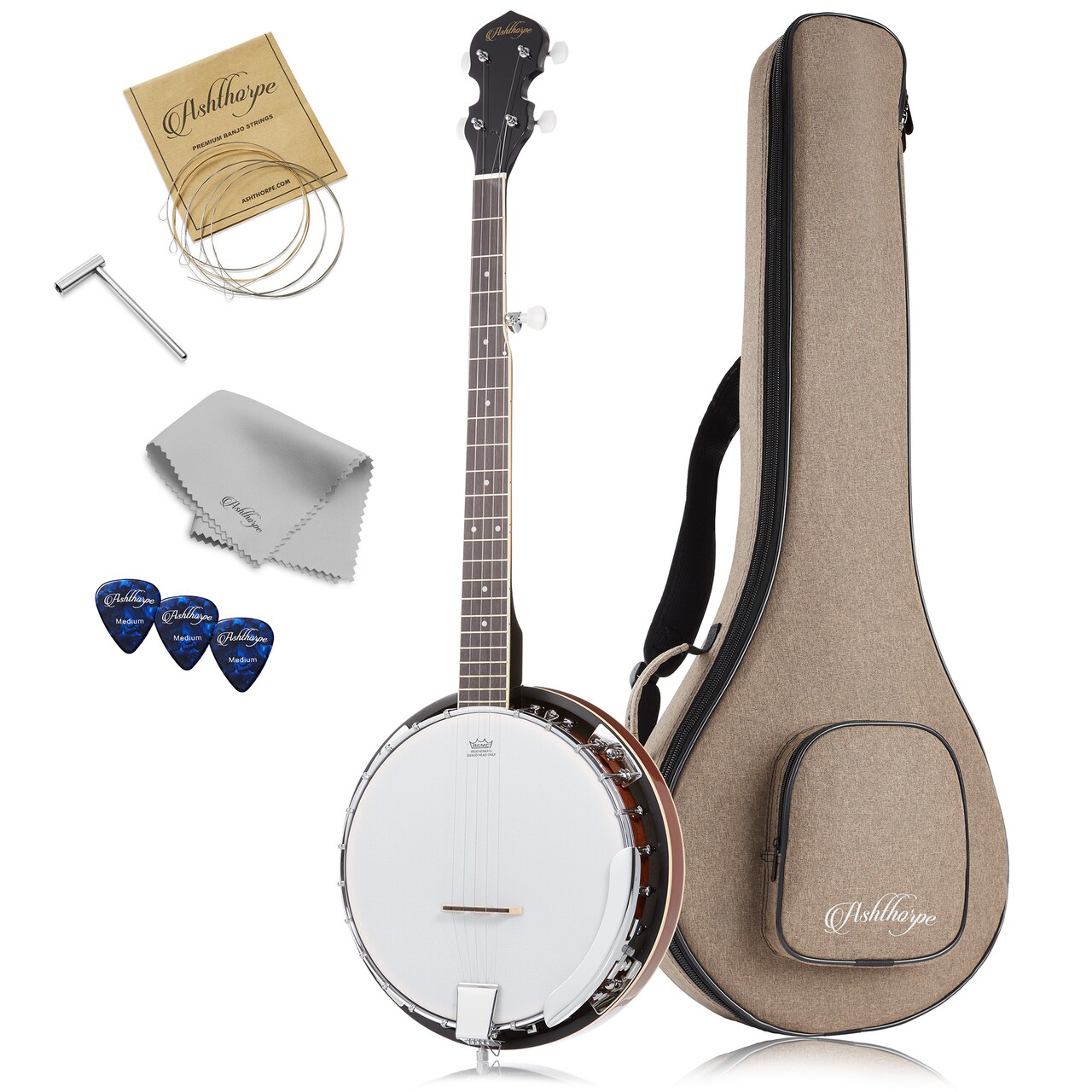 Ashthorpe 5-String Banjo - Full Size with 24 Brackets, Closed Back, Mahogany Resonator, and Geared 5th Tuner